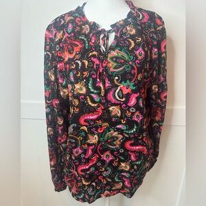 Croft & Barrow Black Blouse with Pink and Green Floral Design